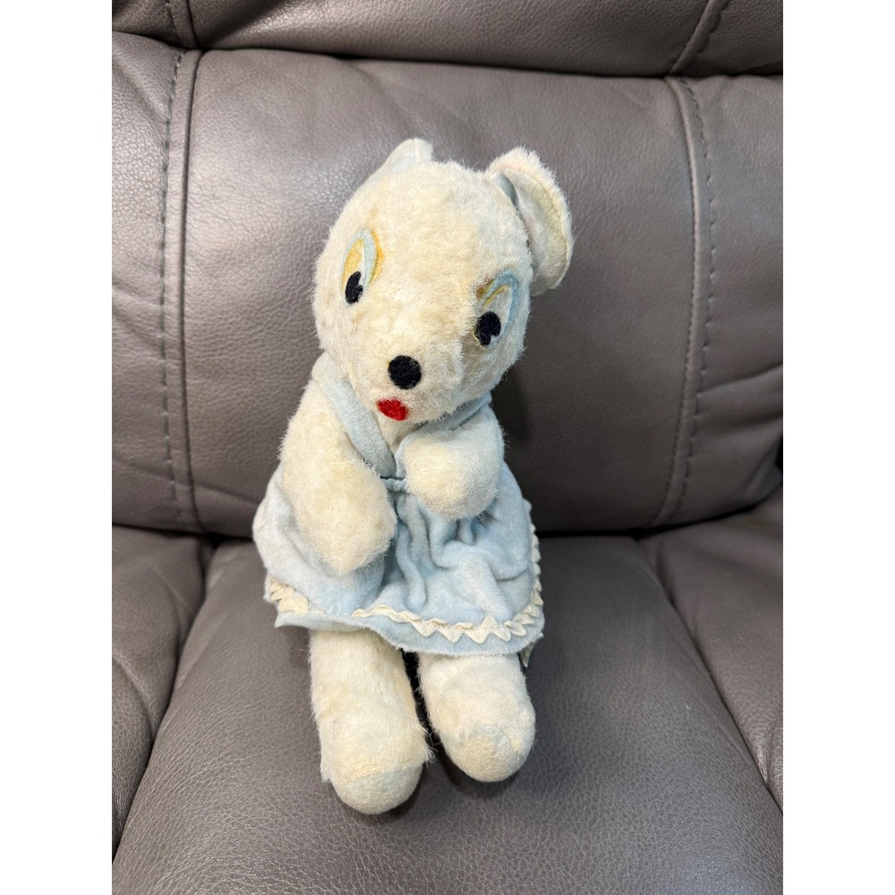 Vintage Mary Meyer Cream Plush Bear Light Blue Dress Rickrack Trim Vermont Toy